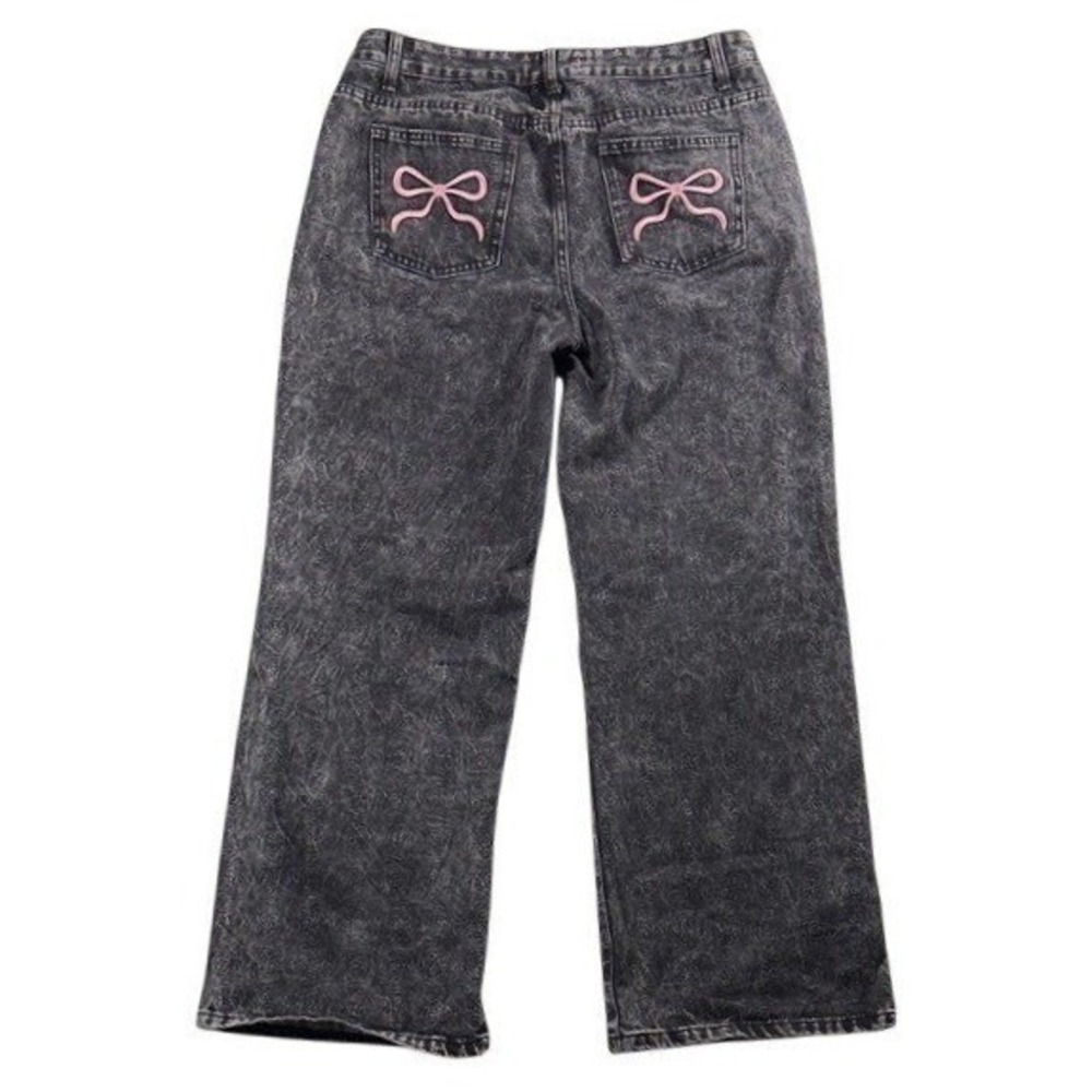 Disclosure‎ Acid Wash Wide Leg Jeans Women 13/31 High Rise Pink Bow Embroidered